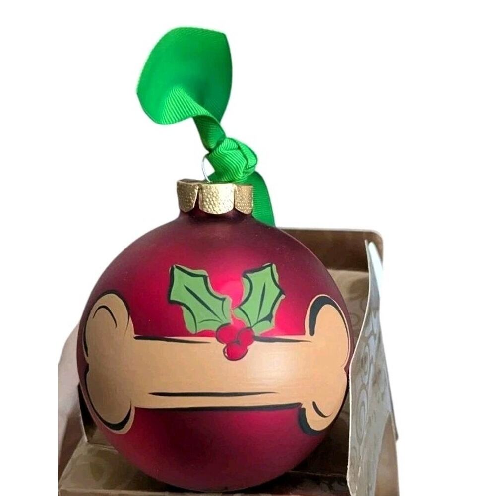 Blown Glass Handpainted Dog Bone Christmas Ornament Bow Red 4” Ball Pet New Box - Picture 4 of 7